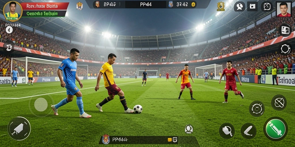 Tangkapan layar gameplay PP444 menampilkan aksi sepak bola yang mendebarkan.
