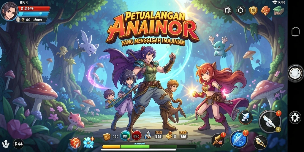Tampilan gameplay <strong>RR44</strong> dengan karakter Anime yang dinamis dan penuh warna.